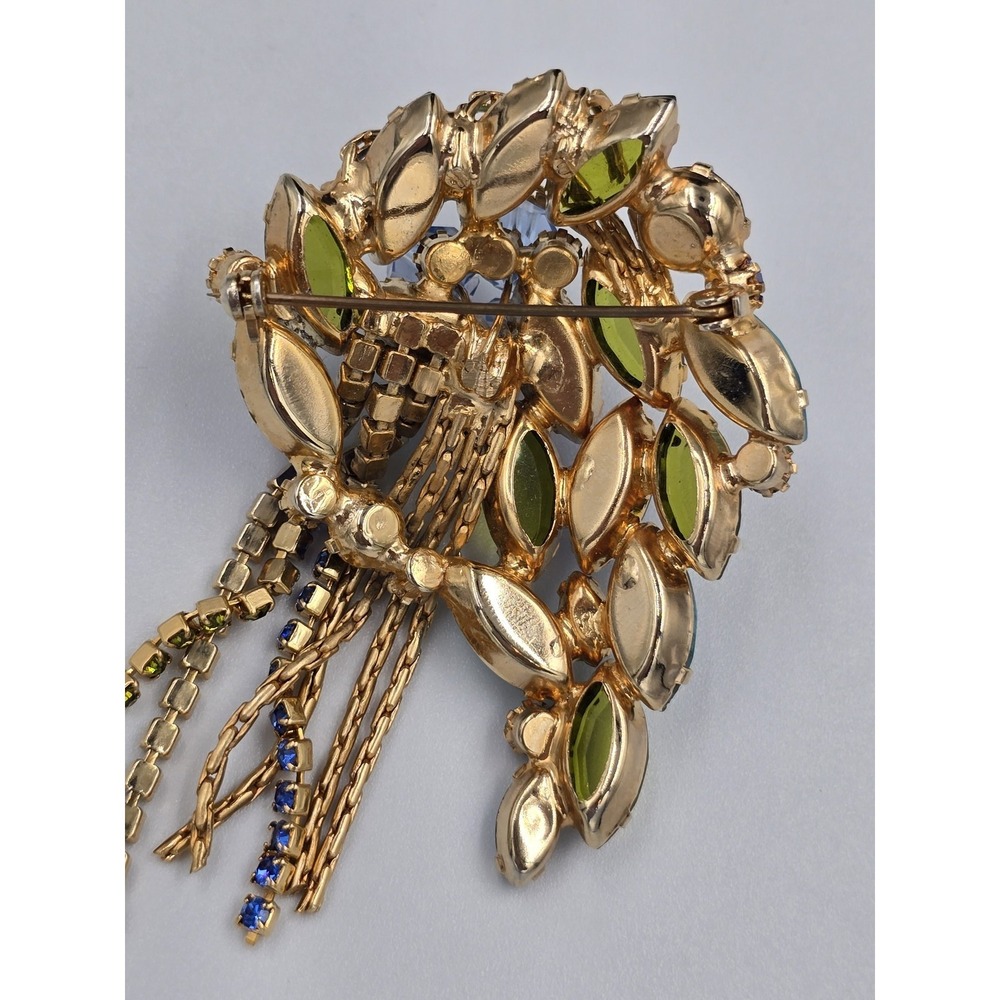 Vintage Mid-Century Blue‎ & Olive Green Rhinestone Cascade Brooch Pin 3" - Picture 7 of 12